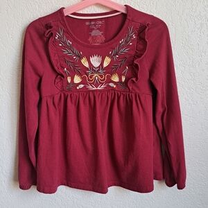 Shabby Chic Girls Red Boho Floral Embroidered Longsleeve Top Size 5